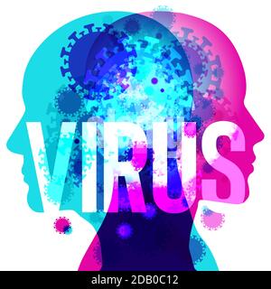 A male & female back to back silhouette overlaid with various sized semi-transparent Coronavirus shapes. The Word “VIRUS” is centrally placed. Stock Vector