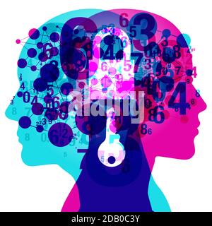 A female & male side profile overlaid with semi-transparent numerals, lines & circular shapes. A translucent white Padlock & Key are centrally placed. Stock Vector