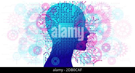 A female side silhouette positioned centrally - overlaid with a pattern of circuit board, computer, electronic - board and mechanical gear shapes. Stock Vector