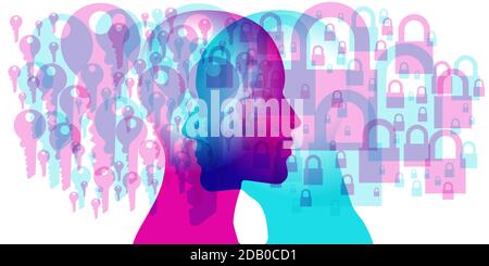 A figure silhouette has keys representing their desire for an open relationship. The other figure has padlocks representing their closed state. Stock Vector