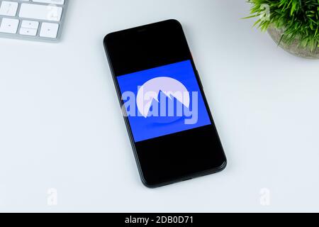 NordVPN app logo on a smartphone screen. Stock Photo