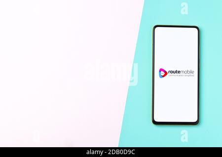 Assam, india - November 15, 2020 : Route Mobile logo on phone screen stock image. Stock Photo