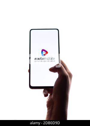 Assam, india - November 15, 2020 : Route Mobile logo on phone screen stock image. Stock Photo