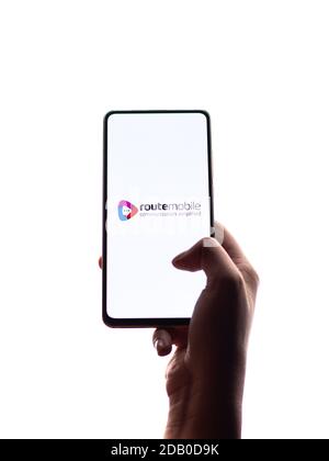 Assam, india - November 15, 2020 : Route Mobile logo on phone screen stock image. Stock Photo