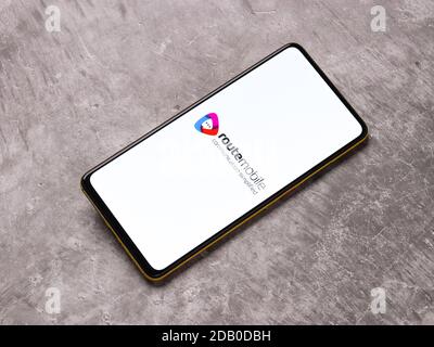 Assam, india - November 15, 2020 : Route Mobile logo on phone screen stock image. Stock Photo