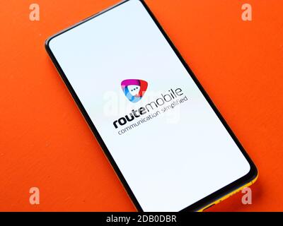 Assam, india - November 15, 2020 : Route Mobile logo on phone screen stock image. Stock Photo