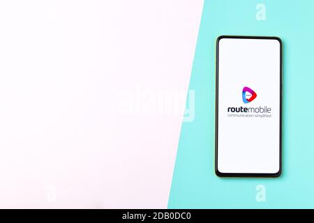 Assam, india - November 15, 2020 : Route Mobile logo on phone screen stock image. Stock Photo