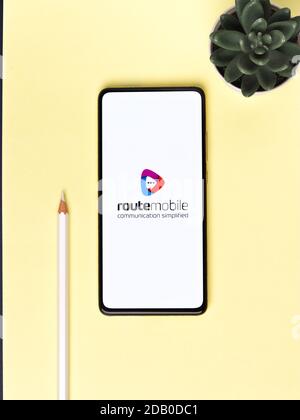 Assam, india - November 15, 2020 : Route Mobile logo on phone screen stock image. Stock Photo