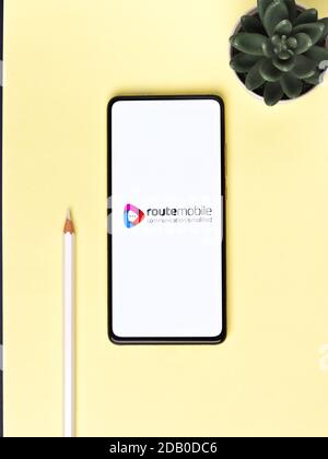 Assam, india - November 15, 2020 : Route Mobile logo on phone screen stock image. Stock Photo