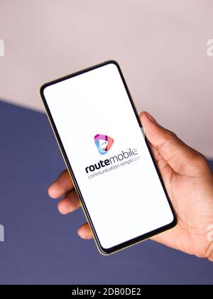 Assam, india - November 15, 2020 : Route Mobile logo on phone screen stock image. Stock Photo