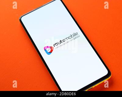 Assam, india - November 15, 2020 : Route Mobile logo on phone screen stock image. Stock Photo