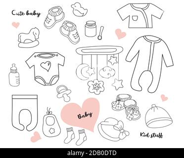 Big Set of doodles. Clothes, toys and things for a newborn baby. Vector. outline. Isolated on white Stock Vector