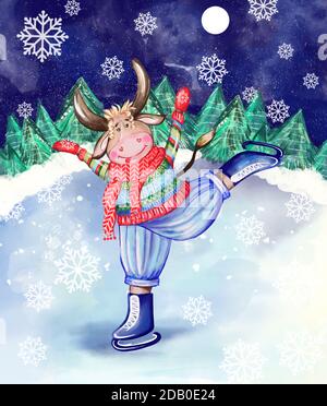 Bull on figure skates.Hand-drawn watercolor illustration Stock Photo