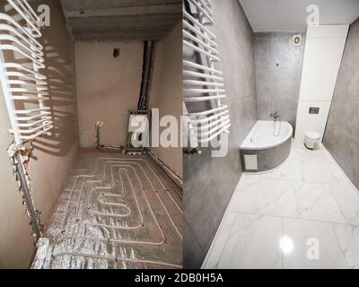 Comparison of bathroom in apartment before and after renovation. Interior of a modern bathroom in grey tones, white tiles on warm floor and ladder radiator on wall vs empty unfinished walls Stock Photo