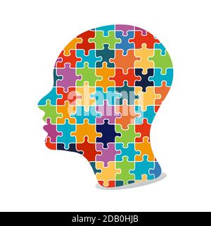 Silhouette of female head with multicolored puzzle pieces. Education, knowledge, psychology, memory, logic concept. Mental and brain illness. Isolated Stock Vector