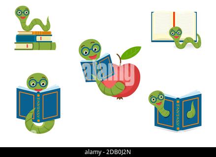 Set cute bookworm with glasses next to books, isolated on white background. Education concept. Vector cartoon illustration. Stock Vector