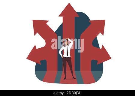 Thinking, direction, business concept. Thoughtful businesswoman boss cartoon manager character stands surrounded by different directions. Problem of choice making for business development illustration Stock Vector