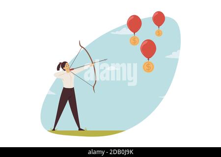 Investment, business, mining concept. Businesswoman manager worker entrepreneur archer with bow and arrows striking golden bitcoin flying on balloons. Cryptocurrency earning digital finance commerce. Stock Vector