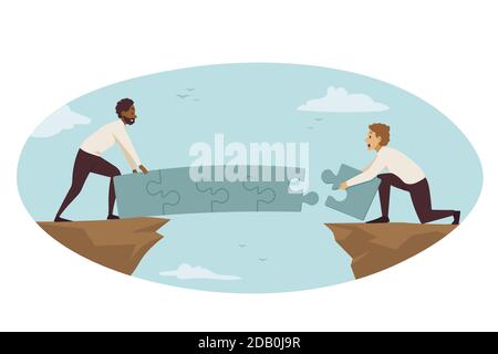 Partnership, connection, business concept. Team of african american businessmen managers partners assembling jugsaw puzzles building bridge together. Teamwork cooperation and coworking collaboration. Stock Vector