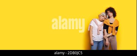Charming blonde lady lying her head on sisters shoulders feeling sad and posing on a yellow studio wall with free space Stock Photo