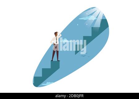 Career problem, business, trouble solution concept. Pensive thoughtful african american businessman clerk manager standing on stairs looking at gap. Career crisis and obstacle to goal achievement. Stock Vector