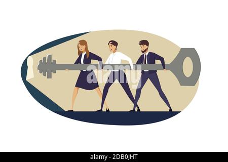 Cooperative teamwork, collaborative business concept. Team of businessmen women managers clerks partners coworkers holding carrying big key together. Teamwork and collaboration of troubles solution. Stock Vector