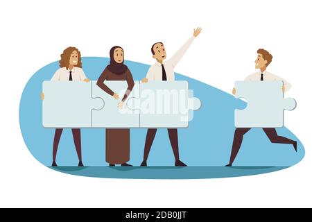 Partnership, teamwork, business concept. Young group of multiethnic businessmen women managers partners cooperate collaborate connecting jugsaw puzzles together. Team building coworking illustration. Stock Vector