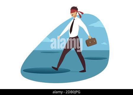 Business crisis, danger, trap concept. Young smiling blind businessman clerk manager walking with bandage on eyes and falling in pit hole. Financial misfortune and economical bankruptcy illustration. Stock Vector