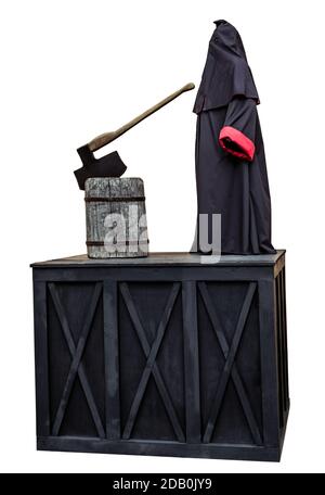 Executioner black mantle uniform hood isolated on white. Medieval public executioner at place of separation of the head from the body beheading with a Stock Photo