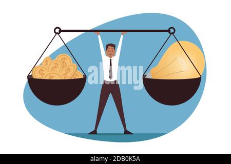 Management balance, leadership, business concept. Idea for money currency exchange. African american businessman leader manager cartoon character balancing holding big scales light bulb and coins. Stock Vector