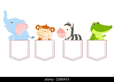Cute cartoon characters pocket set. Baby collection of kawaii animals in pockets. Childish print with zebra, crocodile, elephant and monkey for t-shir Stock Vector