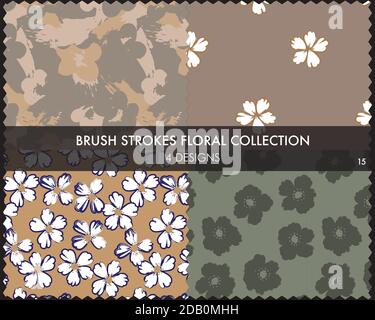 Floral brush strokes seamless pattern collection includes 4 designs for fashion prints, graphics, b Stock Vector