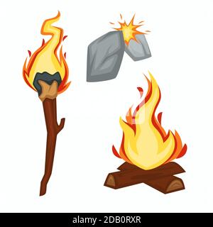 Fire stone age sparkle flame torch and campfire Stock Vector