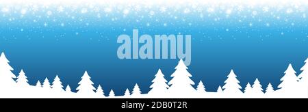 eps vector file showing a seamless christmas panorama header with fall of snow and silhouette of forest trees, background colored blue Stock Vector