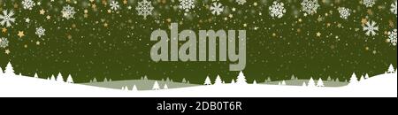 eps vector file showing a christmas panorama header with fall of snow and silhouette of forest trees, background colored green Stock Vector