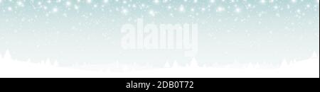 eps vector file showing a seamless christmas panorama header with fall of snow and silhouette of forest trees, background colored light blue Stock Vector