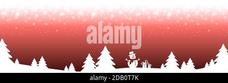 eps vector file showing a christmas panorama header with fall of snow and silhouette of forest trees, background colored red Stock Vector