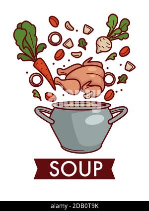 Soup or chicken bouillon in saucepan cooking and culinary recipe Stock Vector