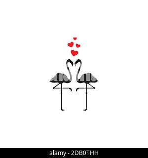 Black flamingos with hearts icon isolated on white. Vector flat illustration. Pet symbol. Love, romantic icon. St. Valentine, Birthday or Christmas ic Stock Vector