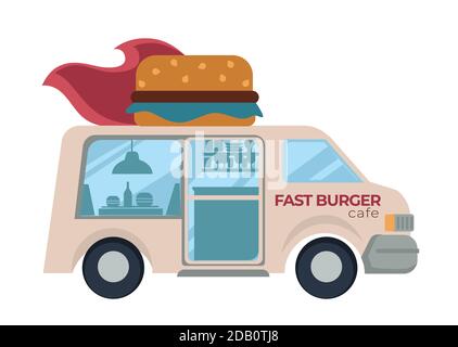 Fast burger cafe food truck with hamburger or cheeseburger on roof Stock Vector