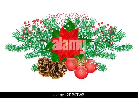 Christmas bouquet arranged from poinsettia, fir branch,balls, cones and rowan berries isolated on white background.Winter greenery.Vector illustration Stock Vector