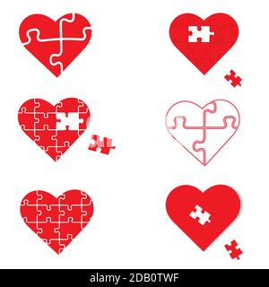 Set of red hearts with puzzle pieces, isolated on white background. Love, medical, relationship symbol. Autism awareness. Valentine day. Stock Vector