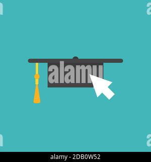 Graduation cap or mortar board icon with cursor. Flat illustration isolated on blue. Internet knowledge symbol. On-line education concept. Webinar, co Stock Vector