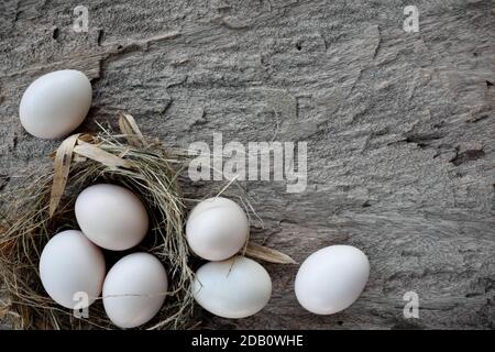 Top view of fresh organic chicken eggs in straw nest in rustic natural wooden background with copy space. Stock Photo