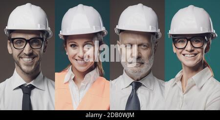 Confident workers wearing safety helmets and smiling at camera, photo collage Stock Photo