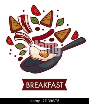 Breakfast fried eggs with bacon and sausages on frypan cooking Stock Vector