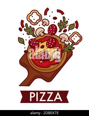 Pizza Italian cuisine dish on wooden cutting board cooking Stock Vector