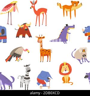 Animals seamless pattern, lion and zebra, macaque and elephant Stock Vector