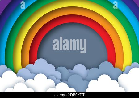 Rainbow. Summer paper cut style. Sky cloud. Stock Vector