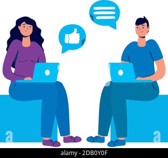 young couple seated using laptops and social media vector illustration design Stock Vector